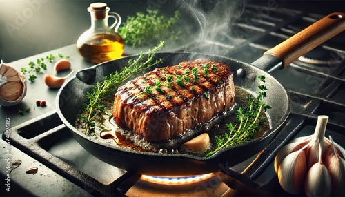 A detailed depiction of a steak being seared in a frying pan. The steak is golden brown with grill marks surrounded by sizzling oil. photo