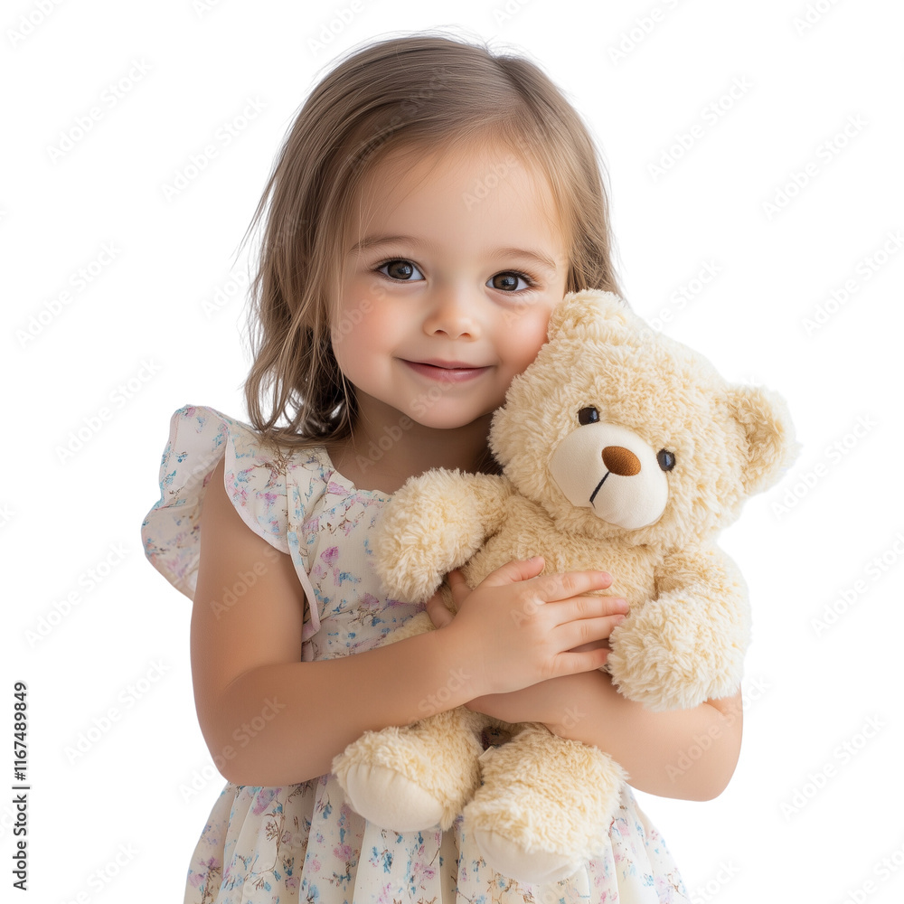 Adorable Little Girl Cuddling Her Favorite Teddy Bear in a Sweet Pose Isolated on white and transparent Background Adorable Little Girl Cuddling Her Favorite Teddy Bear in a Sweet Pose Isolated on white and transparent Background