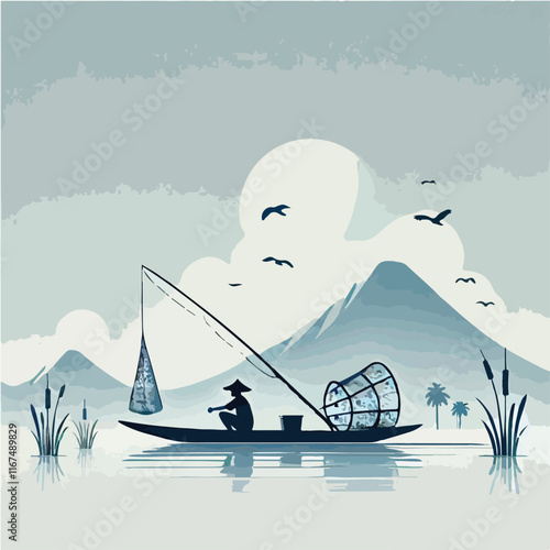 Vector of a fisherman on a canoe