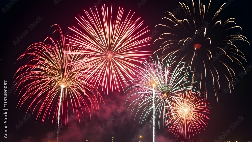 Bright Fireworks Display in Night Sky Celebrating Festive Occasions and Joyful Events Bright Fireworks Display in Night Sky Celebrating Festive Occasions and Joyful Events