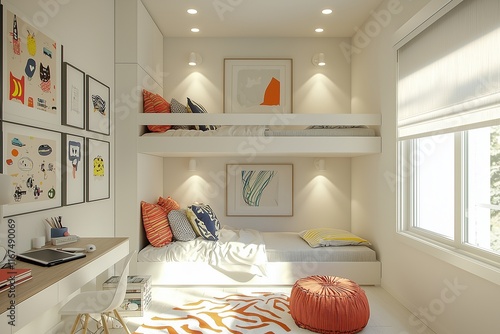 A contemporary, minimalist kid's room with a white base color, decorated with colorful accents, a bunk bed, playful decor, and a study area, all bathed in the gentle glow sunlight.