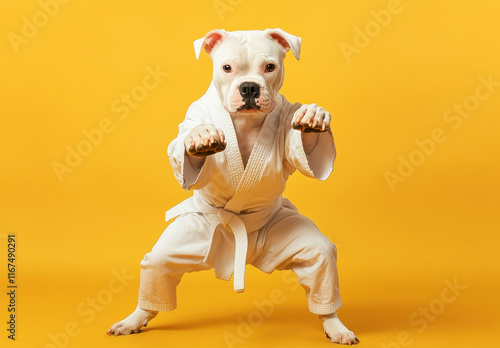 A cheerful dog dressed in a white karate gi stands in a martial arts stance, showcasing its playful spirit on a bright yellow backdrop. photo