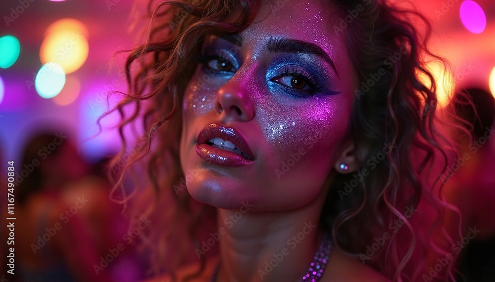Sparkling woman with glitter makeup against vibrant lights, perfect for festive promotions Sparkling woman with glitter makeup against vibrant lights, perfect for festive promotions