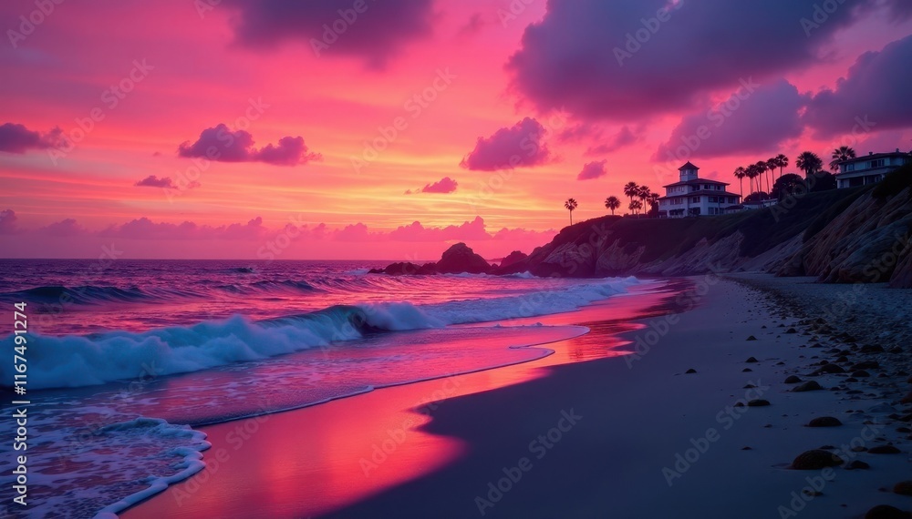 Vibrant hues of orange pink fade into the ocean as day succumbs to night in La Jolla's coastal landscape, california, coastal Vibrant hues of orange pink fade into the ocean as day succumbs to night in La Jolla's coastal landscape, california, coastal