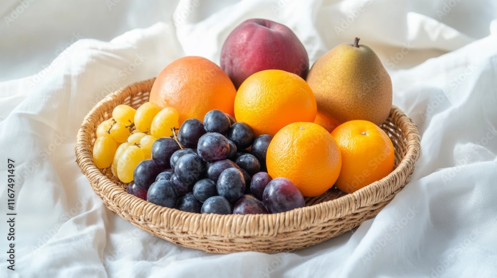 Fresh Fruits in a Minimalist Basket on Table Fresh Fruits in a Minimalist Basket on Table