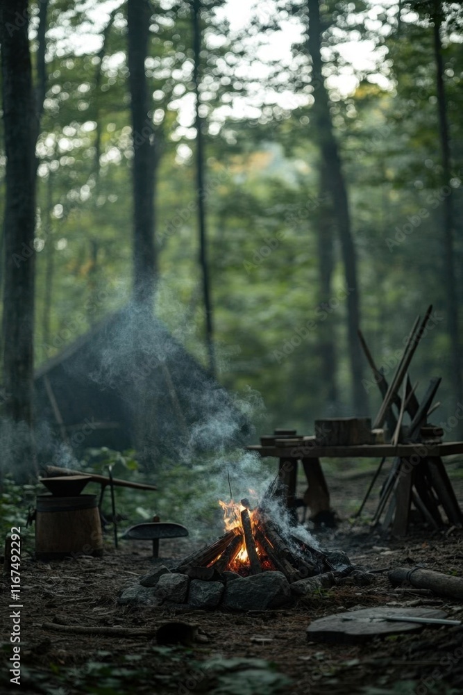 A serene campsite with a fire, surrounded by trees and rustic tools. A serene campsite with a fire, surrounded by trees and rustic tools.