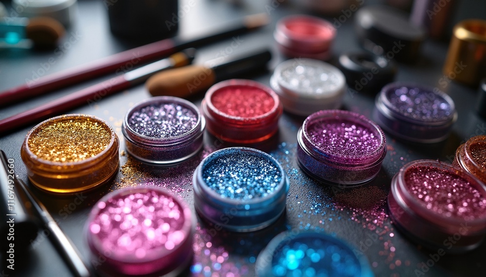 Naklejka premium Colorful glitter jars for vibrant carnival makeup on table, festive celebration decor