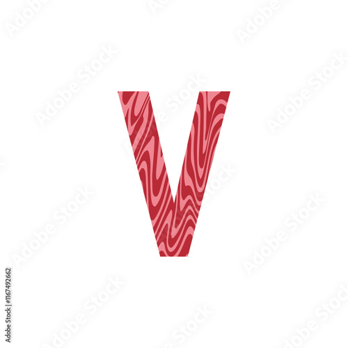 Letter V from fresh raw meat with marble. Vector latin meat alphabet.  Red tenderloin beef meat font for restaurants, butcher shop, farmers market.