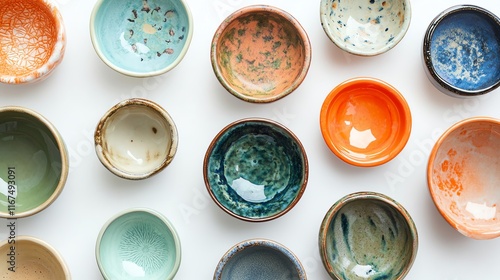 A top-view image of handmade ceramic jewelry dishes on a white background.--ar 16:9 photo