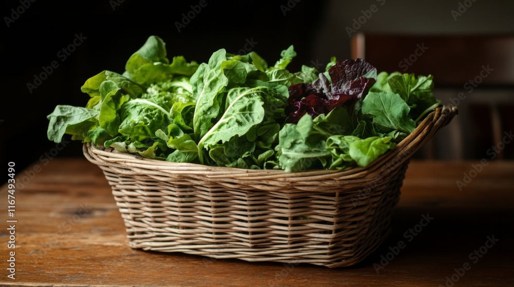 Fresh Greens in a Basket on a Wooden Table Fresh Greens in a Basket on a Wooden Table