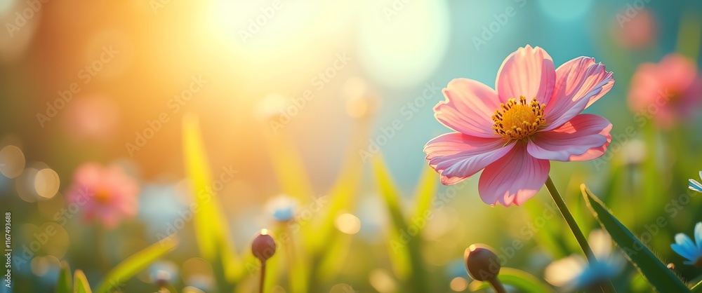 Vibrant Pink and Blue Flowers in Golden Sunlight Vibrant Pink and Blue Flowers in Golden Sunlight