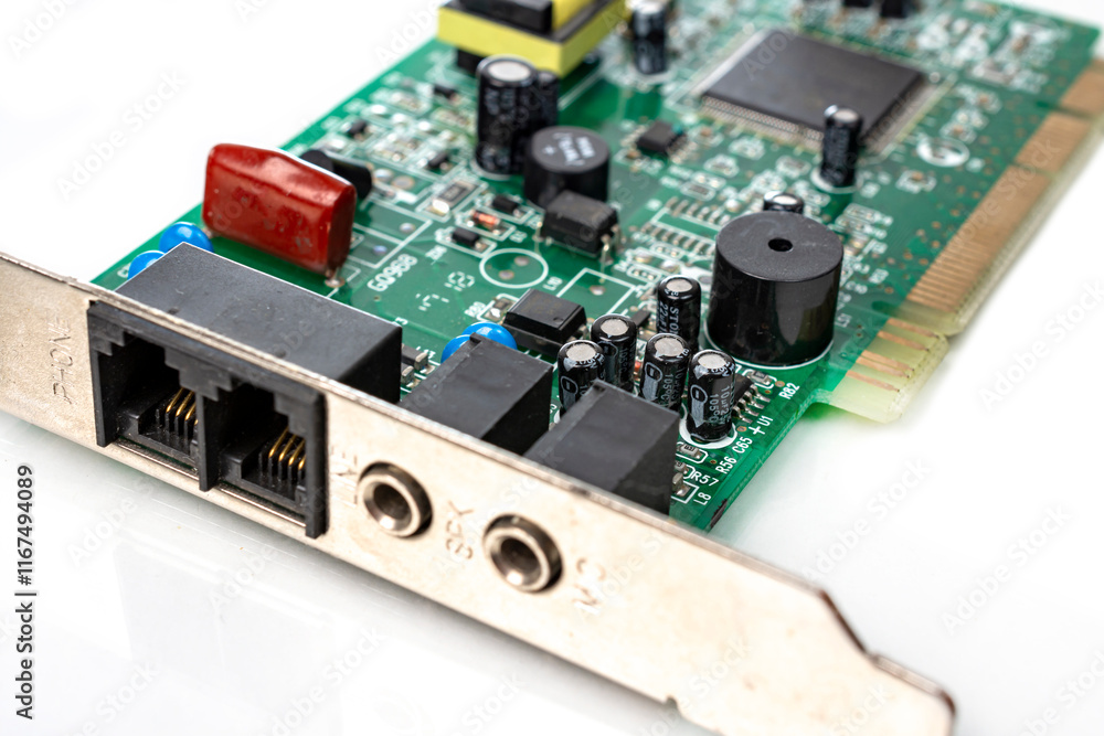Electronic board with radio components, connectors, slots and processor chip from electronic device isolated on white background. Top view. Electronic board with radio components, connectors, slots and processor chip from electronic device isolated on white background. Top view.