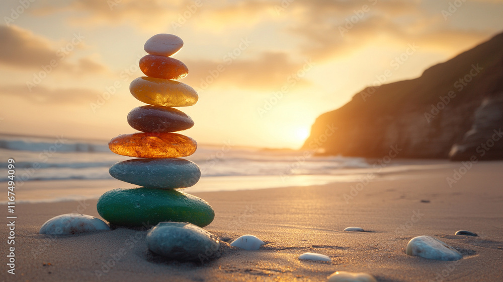 Colorful crystal stones stacked on a beach at sunrise with a golden sky symbolizing balance amidst chaos, the serene beach representing tranquility and hope, capturing the harmony of nature's colors Colorful crystal stones stacked on a beach at sunrise with a golden sky symbolizing balance amidst chaos, the serene beach representing tranquility and hope, capturing the harmony of nature's colors