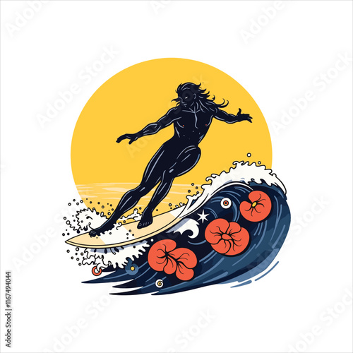 Collection of people standing at the blackboard for surfing,Vector Illustration of summer sport, Surfer On Wave 