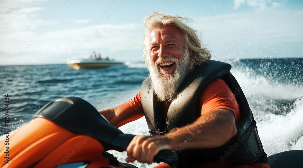 Fototapeta premium Un homme senior, barbe et cheveux longs, heureux et souriant, conduisant un jet ski dans l'océan, vacances d'été ou retraite de rêve.