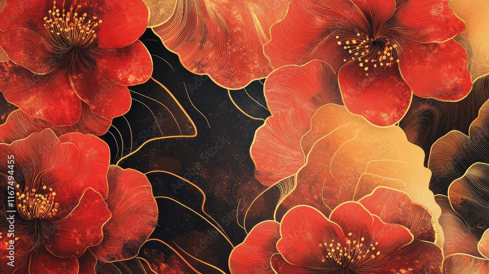 Fototapeta premium Abstract floral patterns in red and gold, blending organic shapes and radiant energy to celebrate the New Year.