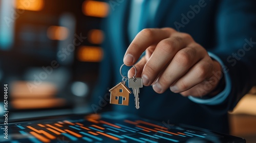 Keys to a new home being handed over in a modern office setting during the day