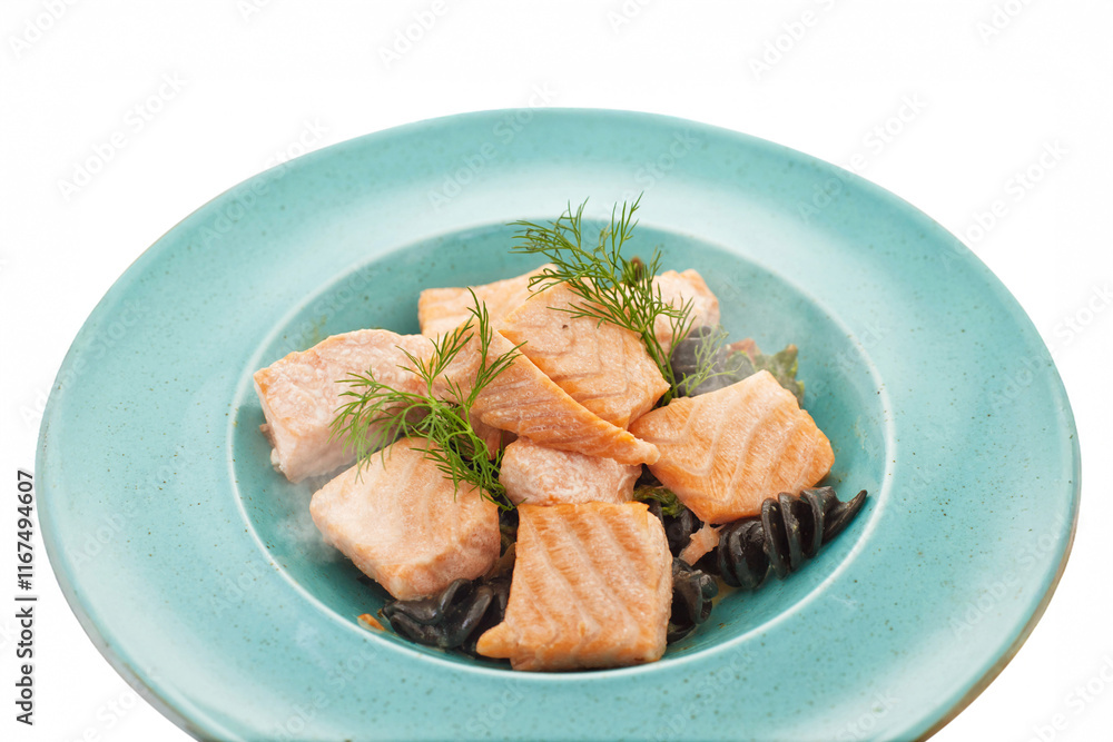 Baked tuna on black pasta, Italian cuisine, Italian recipes, Baked tuna on black pasta, Italian cuisine, Italian recipes, restaurant food. White background. Baked tuna on black pasta, Italian cuisine, Italian recipes, Baked tuna on black pasta, Italian cuisine, Italian recipes, restaurant food. White background.