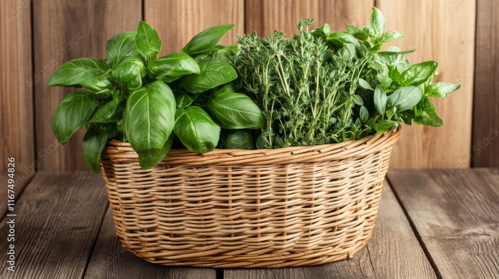 Fresh Herbs in a Basket on a Wooden Table Fresh Herbs in a Basket on a Wooden Table