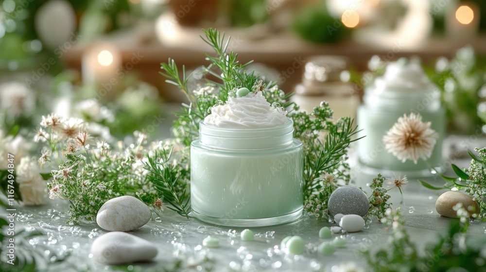 A serene arrangement featuring a jar of cream surrounded by greenery and decorative stones. A serene arrangement featuring a jar of cream surrounded by greenery and decorative stones.