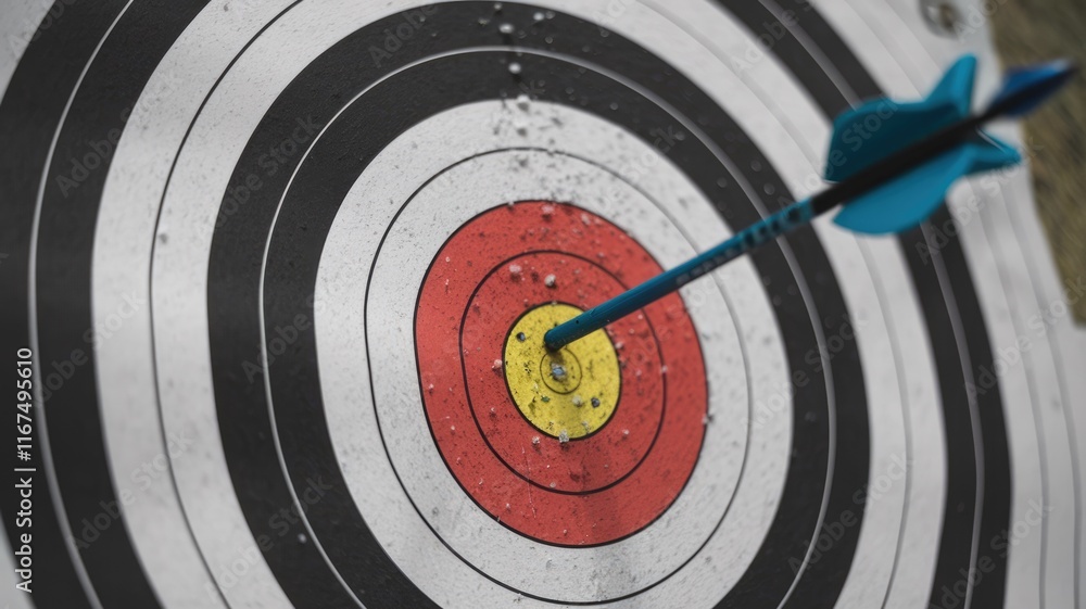 A blue arrow hits the bullseye of a well-worn archery target, showcasing precision and accuracy. A blue arrow hits the bullseye of a well-worn archery target, showcasing precision and accuracy.