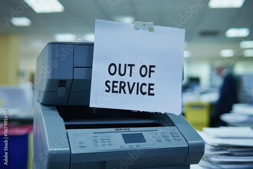 Sign Indicating Printer Out of Service in Bright Office Setting Surrounded by Files and Stationery Under Office Lighting