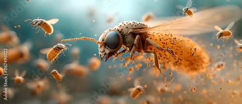 Cinematic overhead perspective of a pulsating undulating swarm of scurrying buzzing arthropods responding to chemical signals in a wilderness setting photo