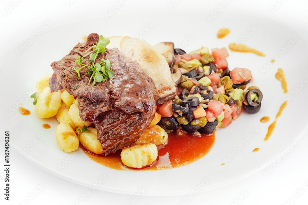 Long roast beef, noodles, olive tomato and caper salad, Polish cuisine, European food Long roast beef, noodles, olive tomato and caper salad, Polish cuisine, European food