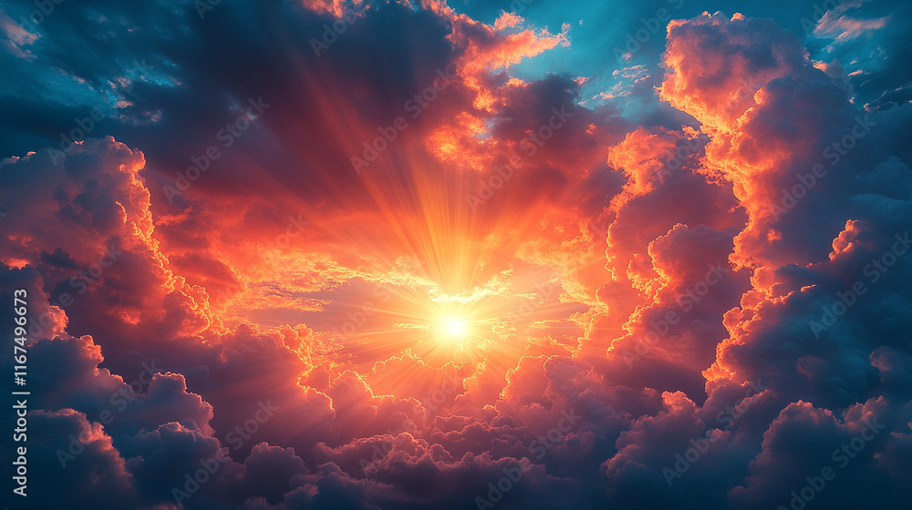 A dramatic sky at sunset with radiant beams of light breaking through the clouds, creating an Easter-themed backdrop filled with symbolism of renewal and hope
A dramatic sky at sunset with radiant beams of light breaking through the clouds, creating an Easter-themed backdrop filled with symbolism of renewal and hope