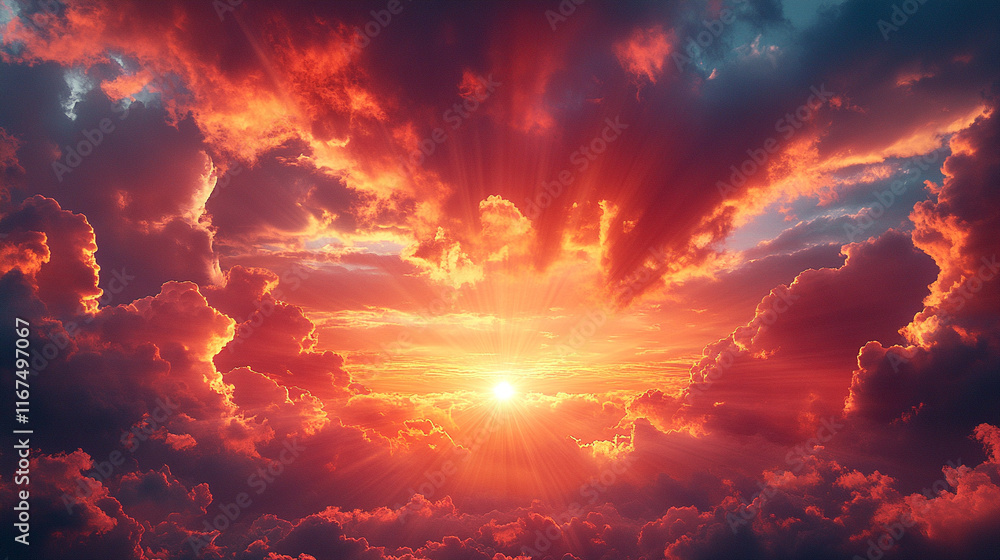 Fototapeta premium A dramatic sky at sunset with radiant beams of light breaking through the clouds, creating an Easter-themed backdrop filled with symbolism of renewal and hope