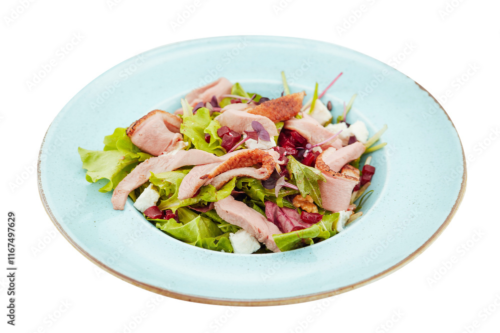 Fresh salad with roast turkey, white background Fresh salad with roast turkey, white background