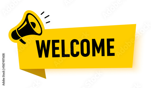 Megaphone with welcome speech bubble. Loudspeaker. Banner for business, marketing and advertising. Vector illustration.