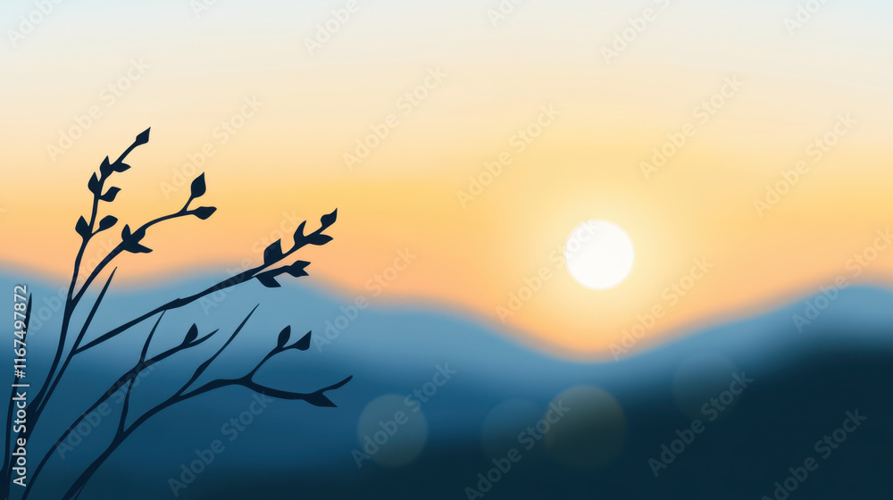 Obraz premium Silhouette of a plant with a vibrant sun in the background, symbolizing serenity - Nature's Harmony