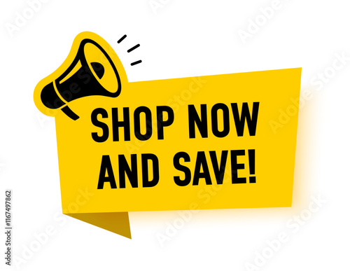 Megaphone with shop now and save speech bubble. Loudspeaker. Banner for business, marketing and advertising. Vector illustration.