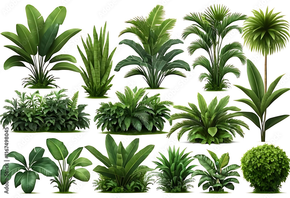 Vibrant Tropical Leaves Arranged on a White Background Vibrant Tropical Leaves Arranged on a White Background