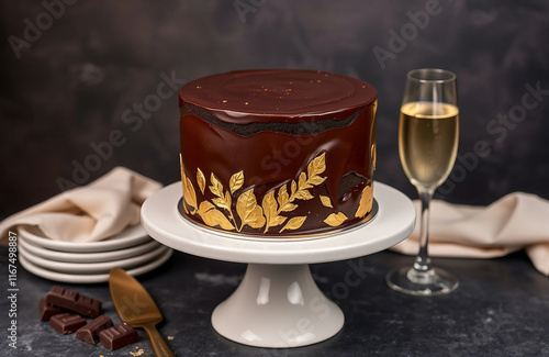 Décadent tiered chocolate cake adorned with golden leaf details, set on a luxurious dark background. Perfect for events, weddings, or celebrations seeking elegance and sophisticatio photo