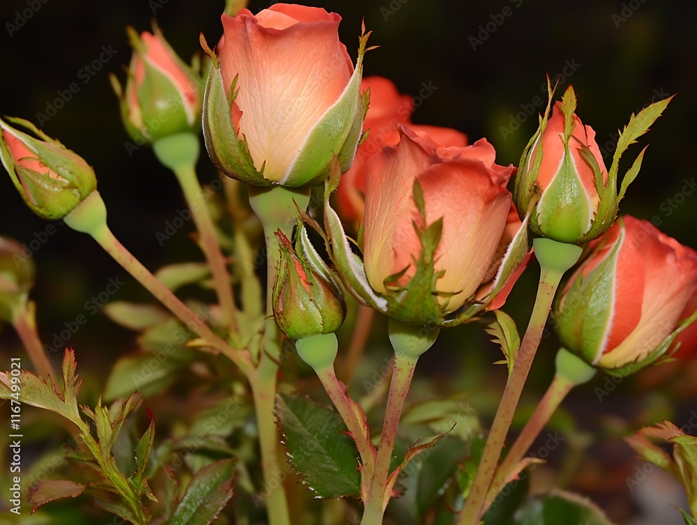 Peach rose buds clustered with green sepals and foliage. Peach rose buds clustered with green sepals and foliage.