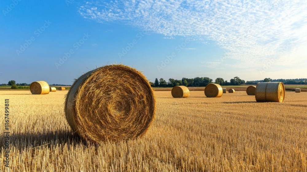 A scenic view of hay bales in a golden wheat field under a blue sky. A scenic view of hay bales in a golden wheat field under a blue sky.