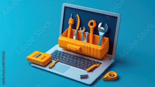 Online Tech Support and Troubleshooting: A Laptop with Tools