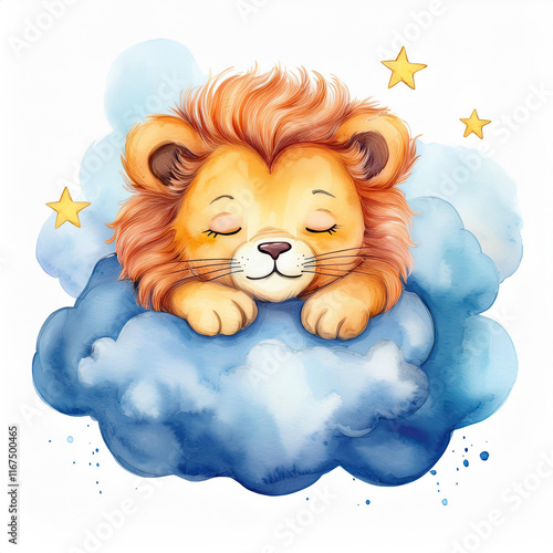 Watercolor cute little lion character sleeping on blue fluffy cloud. Hand drawn animal cub