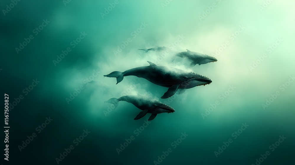 Obraz premium Majestic pod of whales gliding effortlessly through the vast azure ocean their movements guided by pheromone driven communication captured in the impressionist painting style with soft