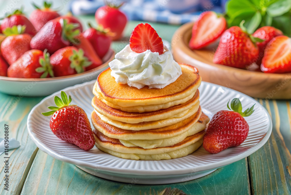 Pancakes with strawberries and whipped cream Pancakes with strawberries and whipped cream