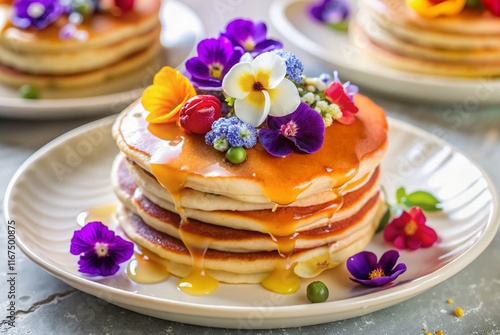 Pancakes with edible flowers and honey drizzle photo