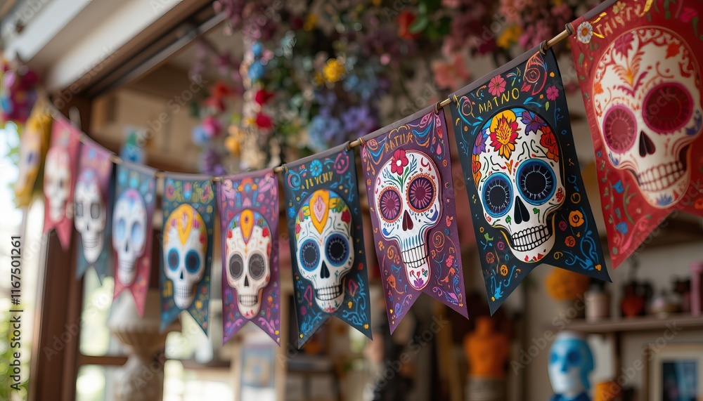 Fototapeta premium Mexican paper cut with skulls holiday flags. Papel picado. Festive garlands made of multicolored paper, flags in the form of skulls. Mexican day of the dead. Cinco de mayo, dia de los muertos