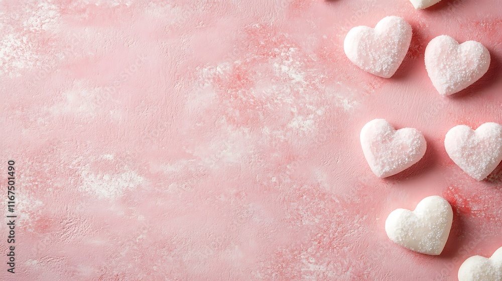 Fototapeta premium Pink background with sugared heart shaped marshmallows