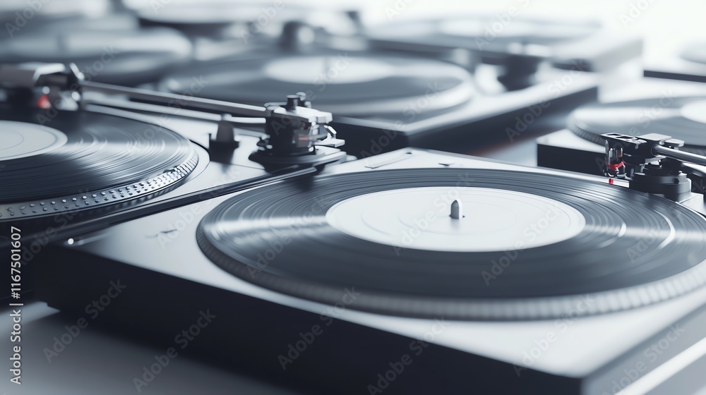 A clean, detailed image of retro-style vinyl record players on a white background.--ar 16:9 A clean, detailed image of retro-style vinyl record players on a white background.--ar 16:9