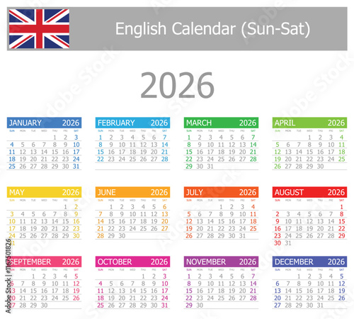 2026 English Type-1 Calendar Sun-Sat on white background
