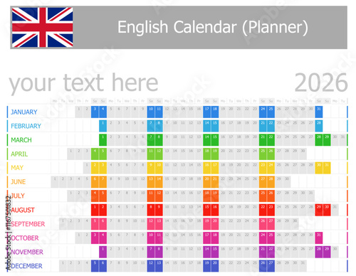 2026 English Planner Calendar with Horizontal Months on white background