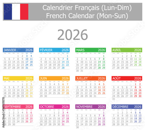 2026 French Type-1 Calendar Mon-Sun on white background