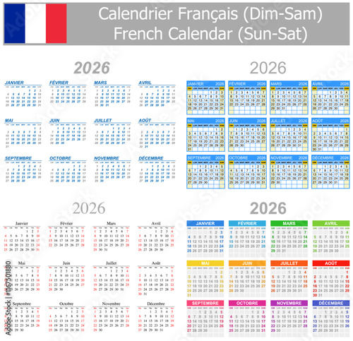 2026 French Mix Calendar Sun-Sat on white background